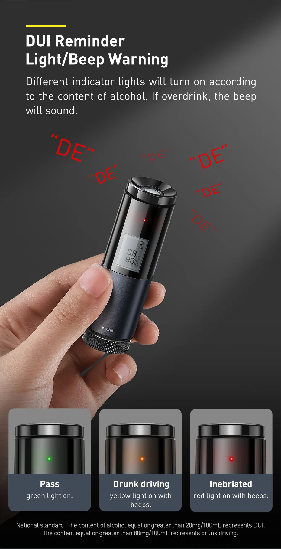 Breathalyzer Alcohol Tester, LED Beep Warning