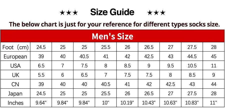 Bamboo Fiber Socks Size Chart